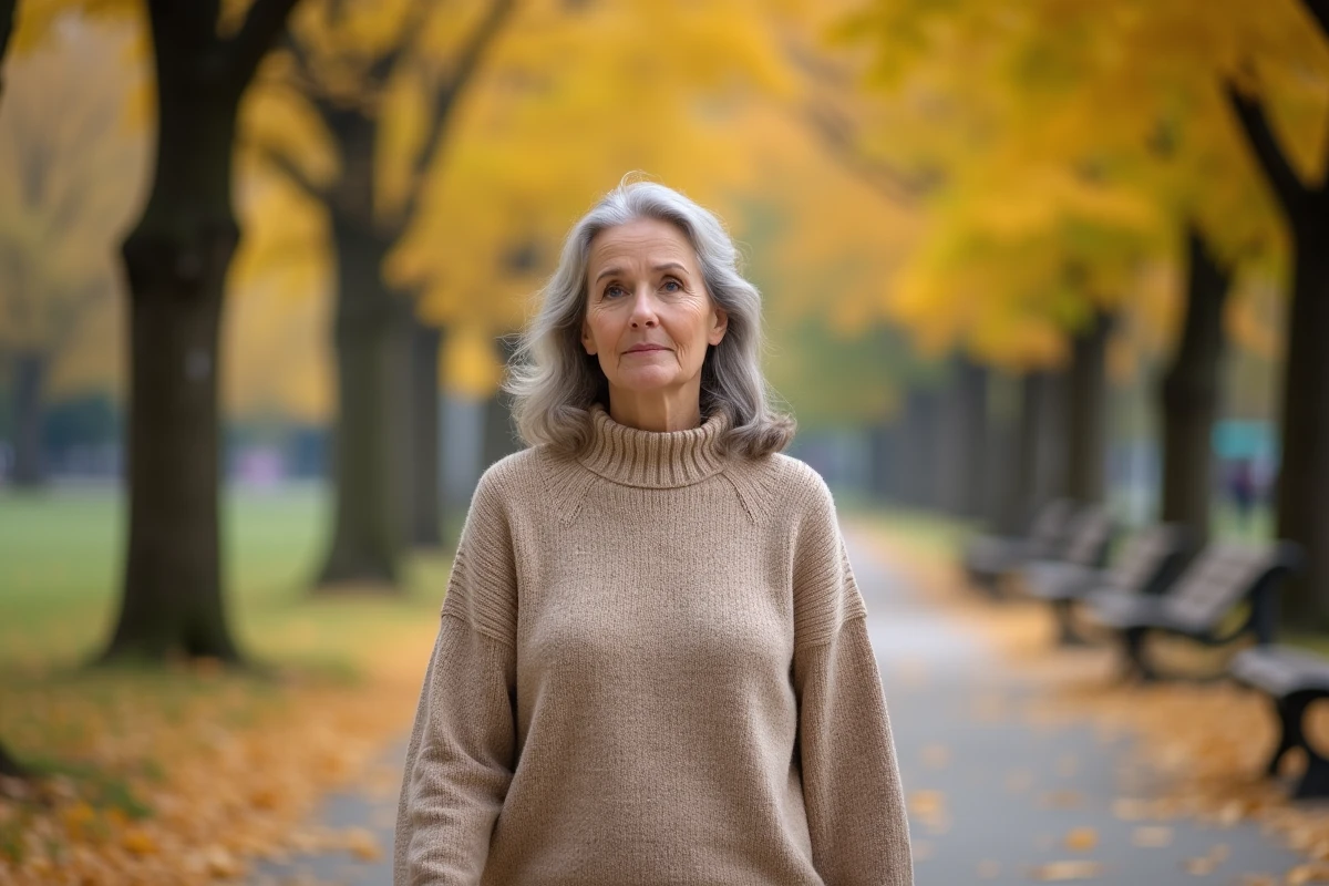 Femme mature se promenant dans un parc en automne