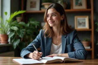 Jeune femme concentrée écrivant dans un carnet dans un bureau cosy