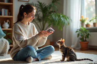 Jeune femme assise avec un chat dans un salon cosy