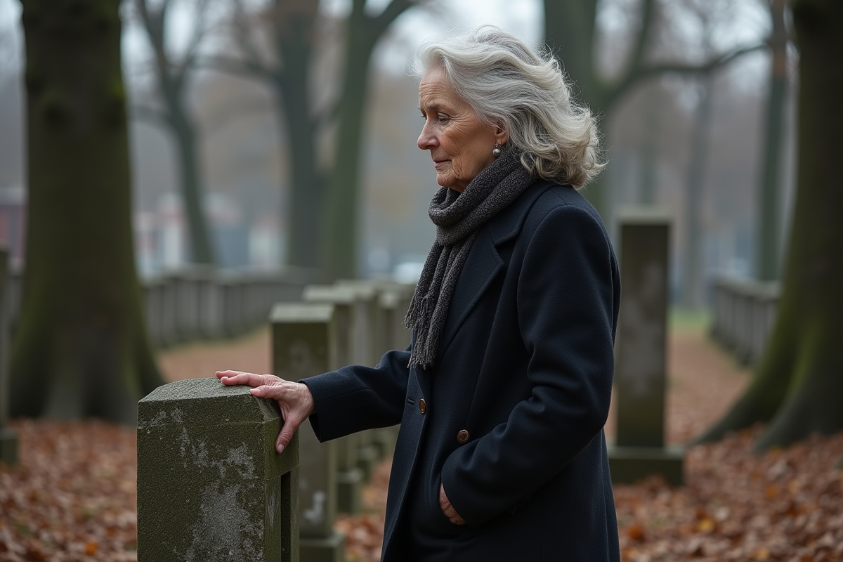 Femme debout dans un cimetière avec une pierre tombale