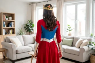 Femme déguisée en Wonder Woman dans un salon lumineux
