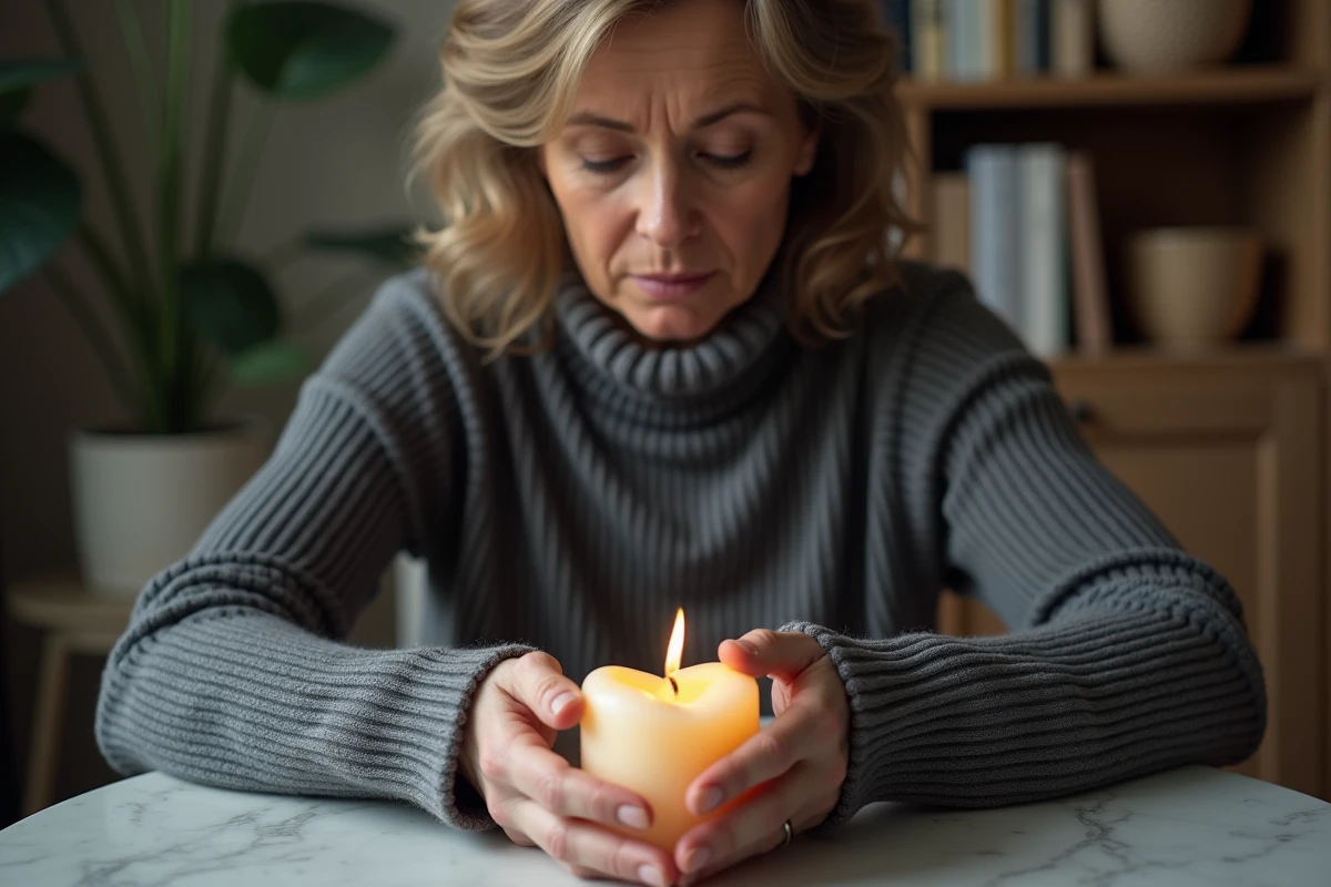 Femme en deuil tenant une bougie parfumée en forme de cœur lors d'un moment de recueillement intime à domicile