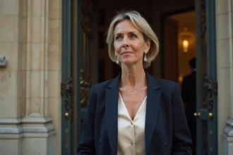 Femme élégante devant un immeuble parisien symbolisant la discrétion et la vie privée d'un couple médiatique