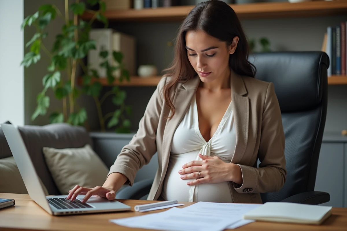 Femme enceinte au bureau à domicile en train d'étudier des documents