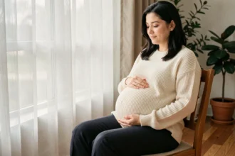 Femme enceinte en pull crème assise près d'une fenêtre, les mains posées sur le ventre, ambiance chaleureuse et intimiste