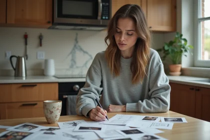 Femme assise à la cuisine en train d'étudier des papiers