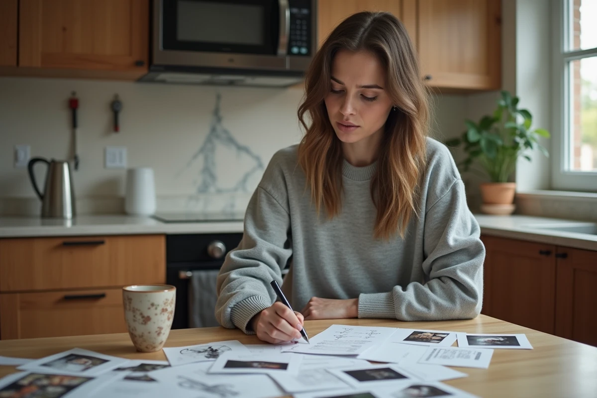 Femme assise à la cuisine en train d'étudier des papiers