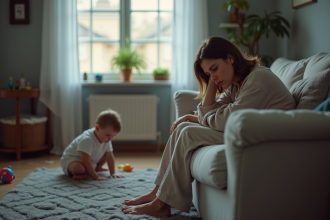 Femme fatiguée assise sur un canapé avec un enfant jouant