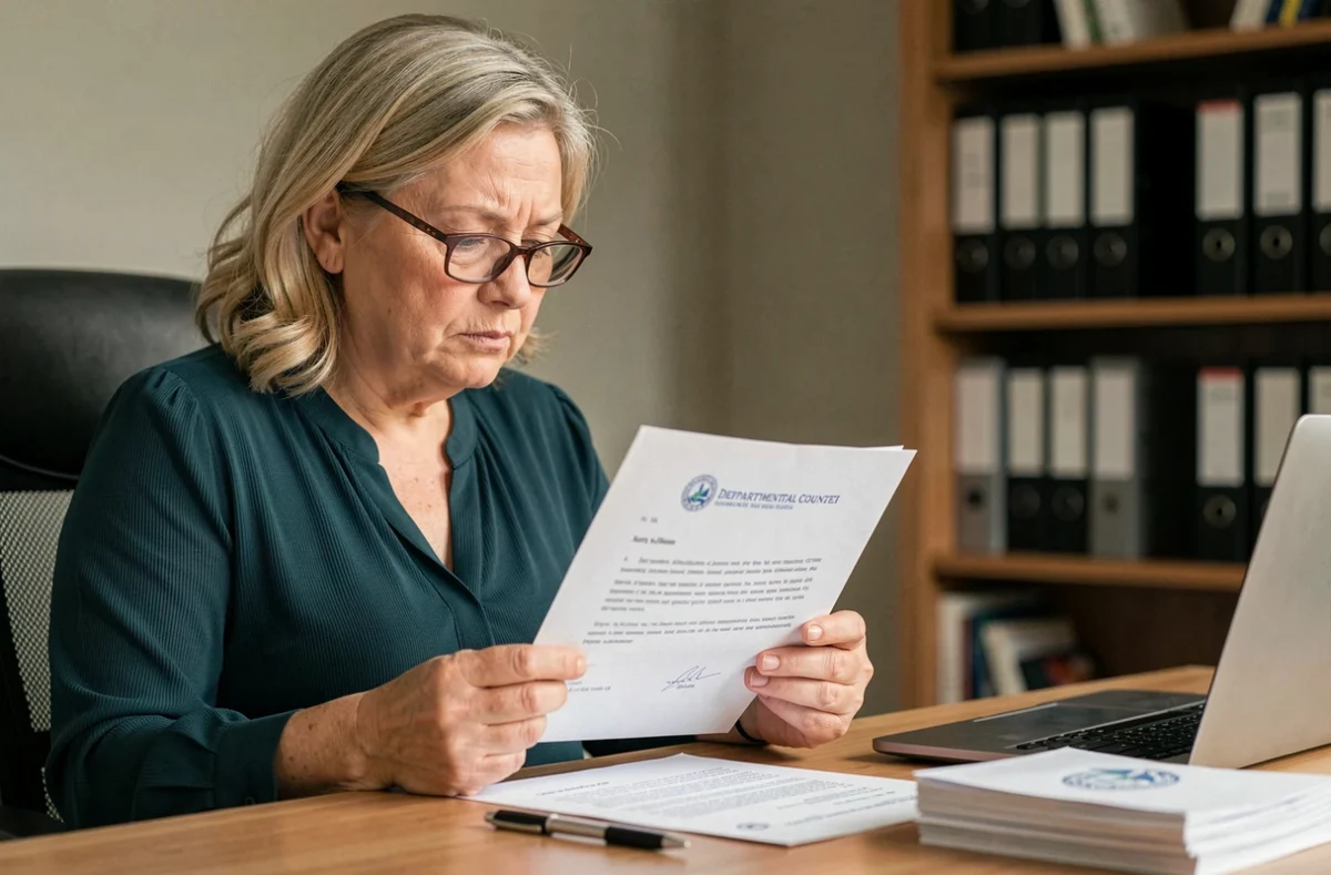 Une femme d'âge mûr lit attentivement une notification officielle concernant l'aide sociale à l'hébergement et ses implications sur l'obligation alimentaire