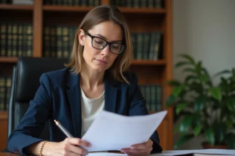 Femme en blazer marine relisant une lettre de renonciation à la soulte lors d'un divorce, assise à un bureau en bois dans un bureau à domicile