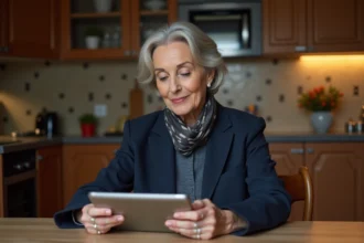 Femme élégante lisant une tablette dans une cuisine parisienne