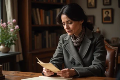 Femme réfléchie lisant un vieux document à Paris