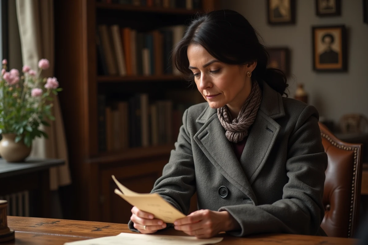 Femme réfléchie lisant un vieux document à Paris