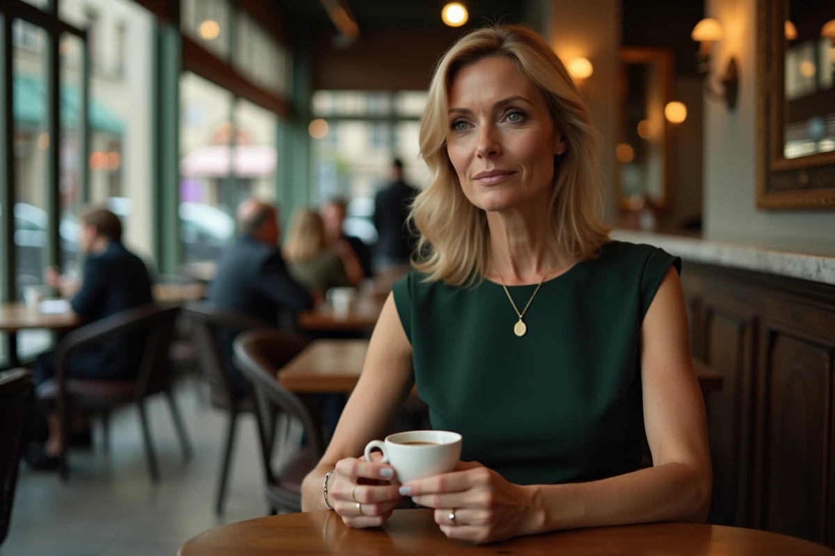Femme réfléchie dans un café parisien illustrant la protection de l'intimité d'un couple sous les projecteurs