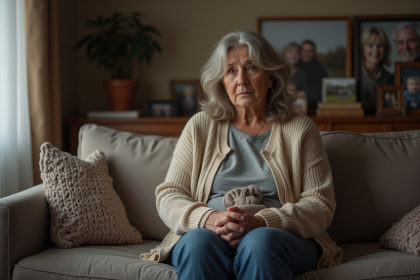 Femme assise seule sur un canapé en tissu avec un pull d'enfant