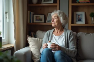 Femme d'âge moyen pensant près d'une fenêtre avec tasse de thé