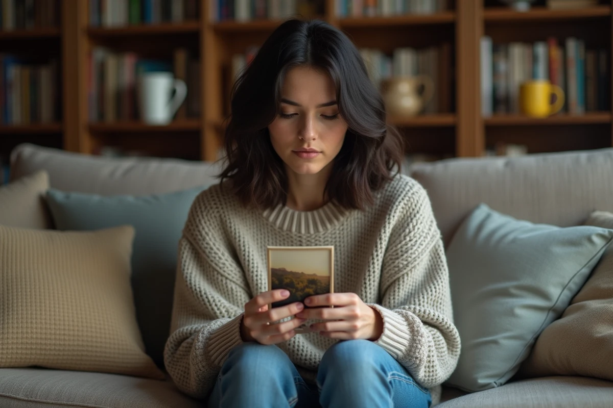 Femme assise sur un canapé avec photo ancienne