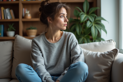 Femme en intérieur pensant près d'une fenêtre