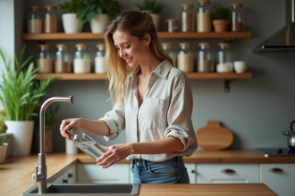 Jeune femme remplissant une bouteille d'eau réutilisable dans la cuisine