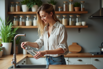Jeune femme remplissant une bouteille d'eau réutilisable dans la cuisine