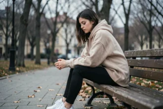 Jeune femme seule assise sur un banc dans un parc en automne, expression mélancolique et pensive, illustrant une séparation amoureuse
