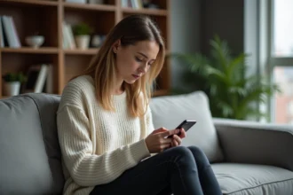 Femme seule sur un canapé regardant son téléphone après une dispute de couple, exprimant l'attente et la tristesse