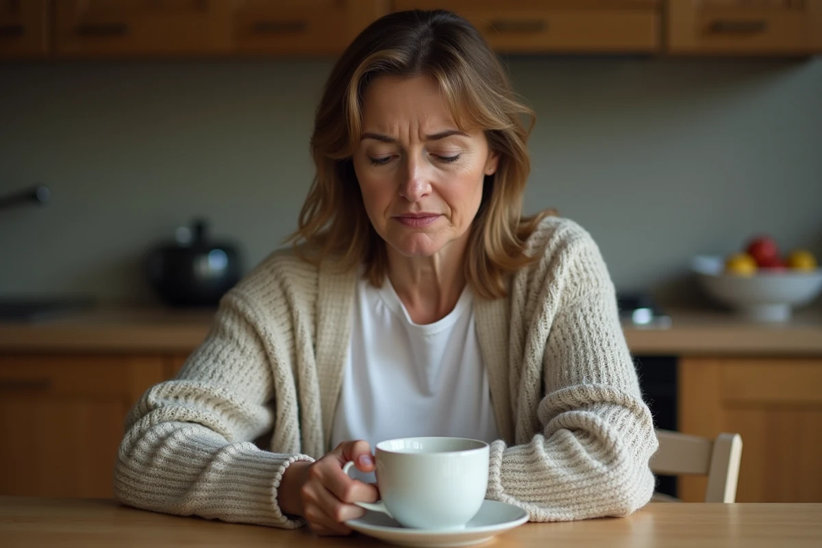 Femme seule à une table de cuisine tenant une tasse de café, regard pensif traduisant une solitude émotionnelle au sein du couple