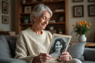 Femme d'âge moyen tenant une photo de famille en intérieur