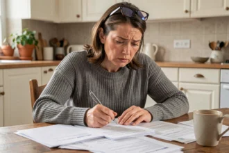 Femme stressée examinant des documents fiscaux étalés sur une table de cuisine, illustrant les erreurs de déclaration d'impôts lors d'un changement de situation