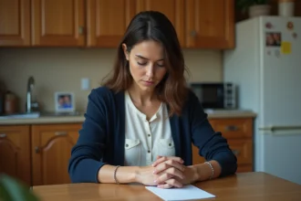 Femme réfléchissant avec une carte de condoléances dans la cuisine