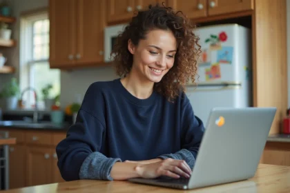 Femme assise à la cuisine en train de saisir des informations sur un ordinateur portable