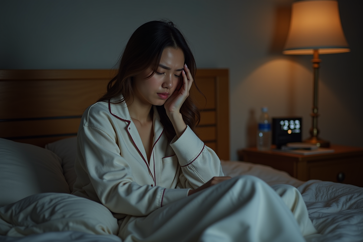 Jeune femme en pyjama penseuse au lit la nuit