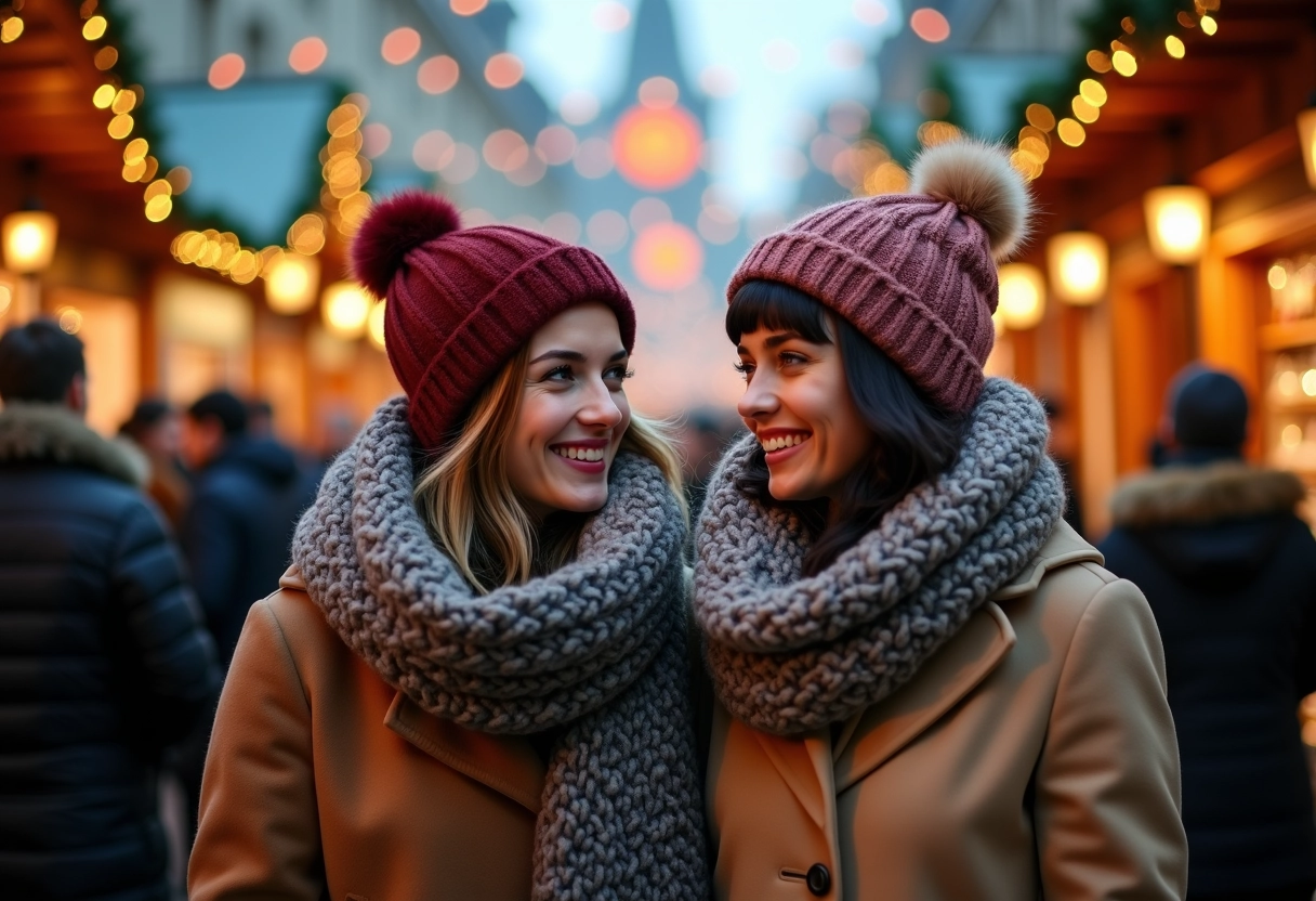 Deux femmes dans un marché de Noël en extérieur