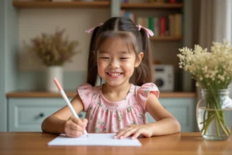 Petite fille écrivant un message d'anniversaire sur une carte avec un crayon de couleur à une table en bois
