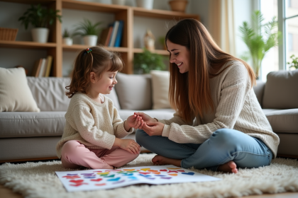 Jeune fille assise avec sa mère devant un tableau des émotions