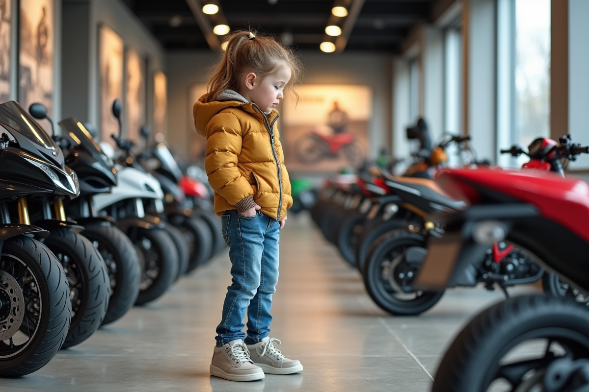 Fille regardant une moto dans un showroom moderne