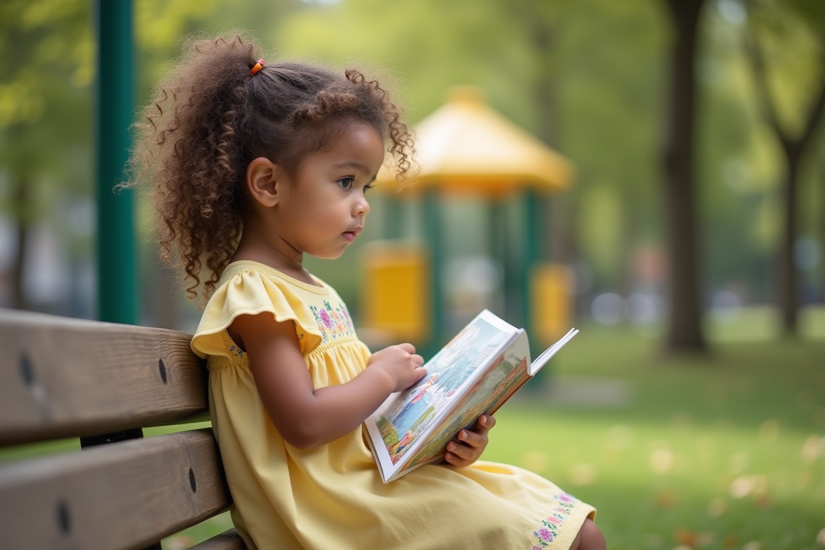 Fille de 4 ans en robe jaune jouant sur un banc en bois dans un parc
