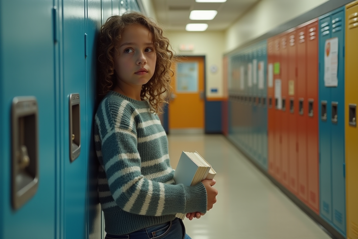 Fille de 14 ans avec cheveux bouclés dans un couloir scolaire