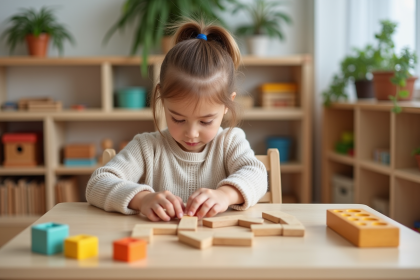 Jeune fille Montessori posant des blocs en géométrie