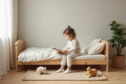Petite fille en pyjama lisant dans sa chambre Montessori