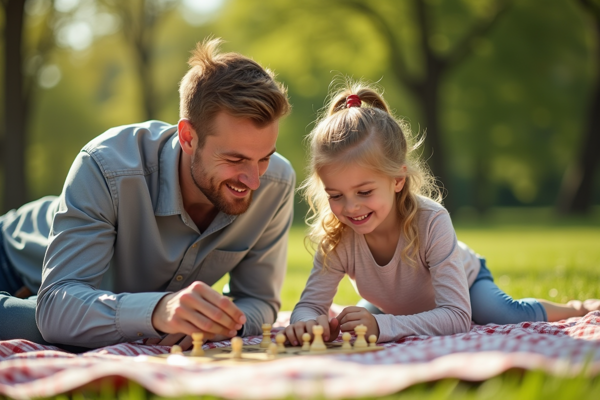 Fille et père jouant à un jeu de stratégie en plein air