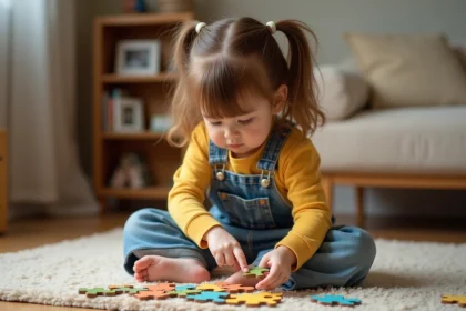 Jeune fille concentrée sur un puzzle coloré dans un salon chaleureux