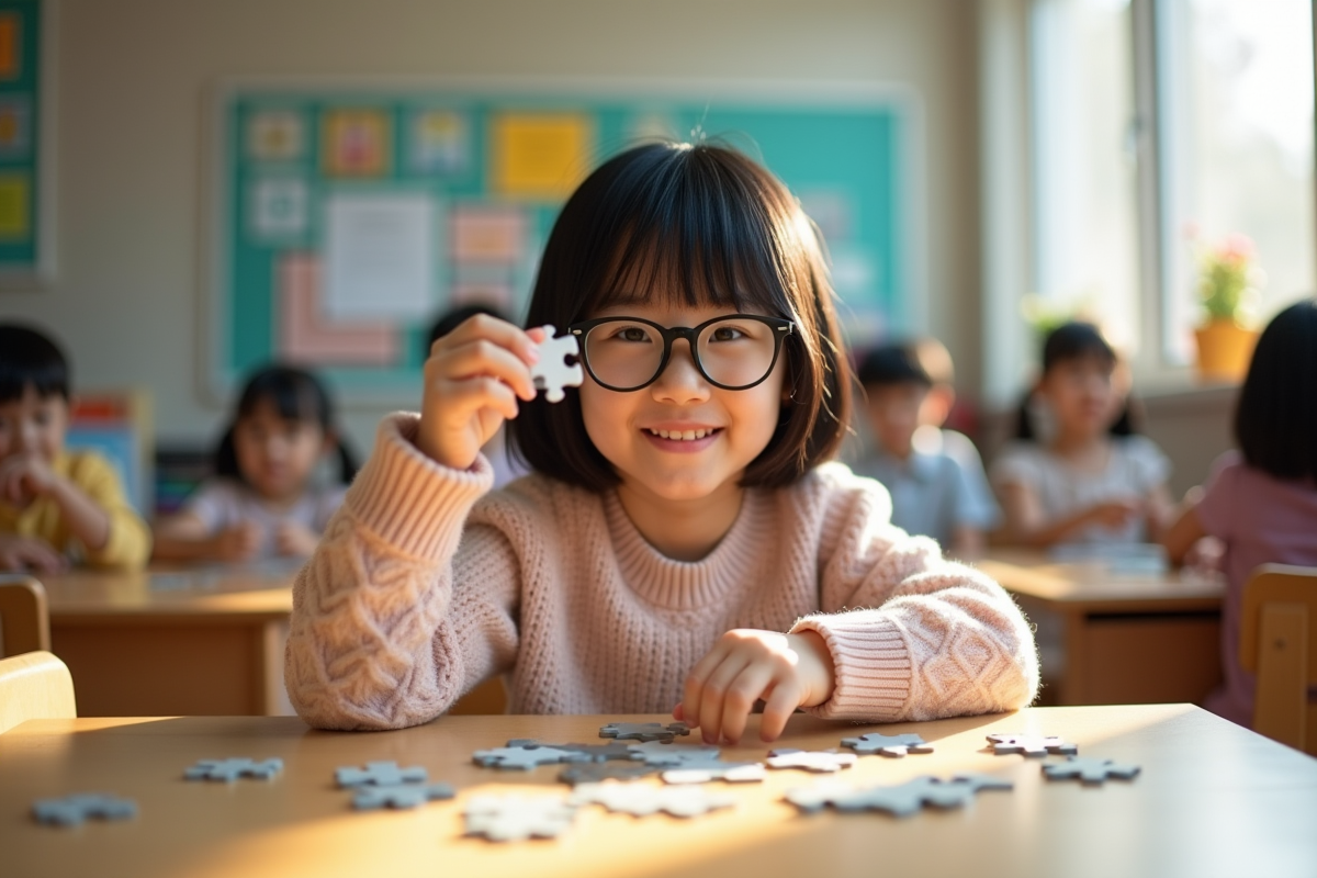 Fille de 8 ans souriante tient un puzzle dans une classe lumineuse