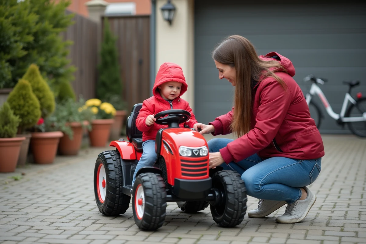 Fille prudente vérifiant la ceinture de sécurité du tracteur