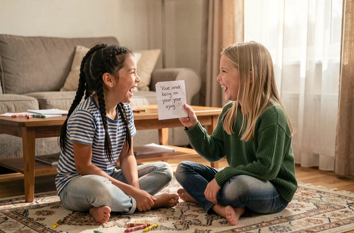 Deux fillettes de 8 ans riant ensemble avec une blague écrite à la main dans un salon