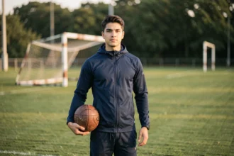 Jeune homme sportif tenant un ballon de football sur un terrain d'entraînement, portrait éditorial discret