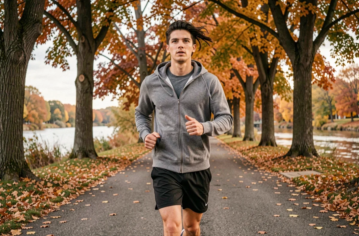 Jeune homme sportif en train de courir sur un chemin de bord de rivière en automne, style discret et naturel