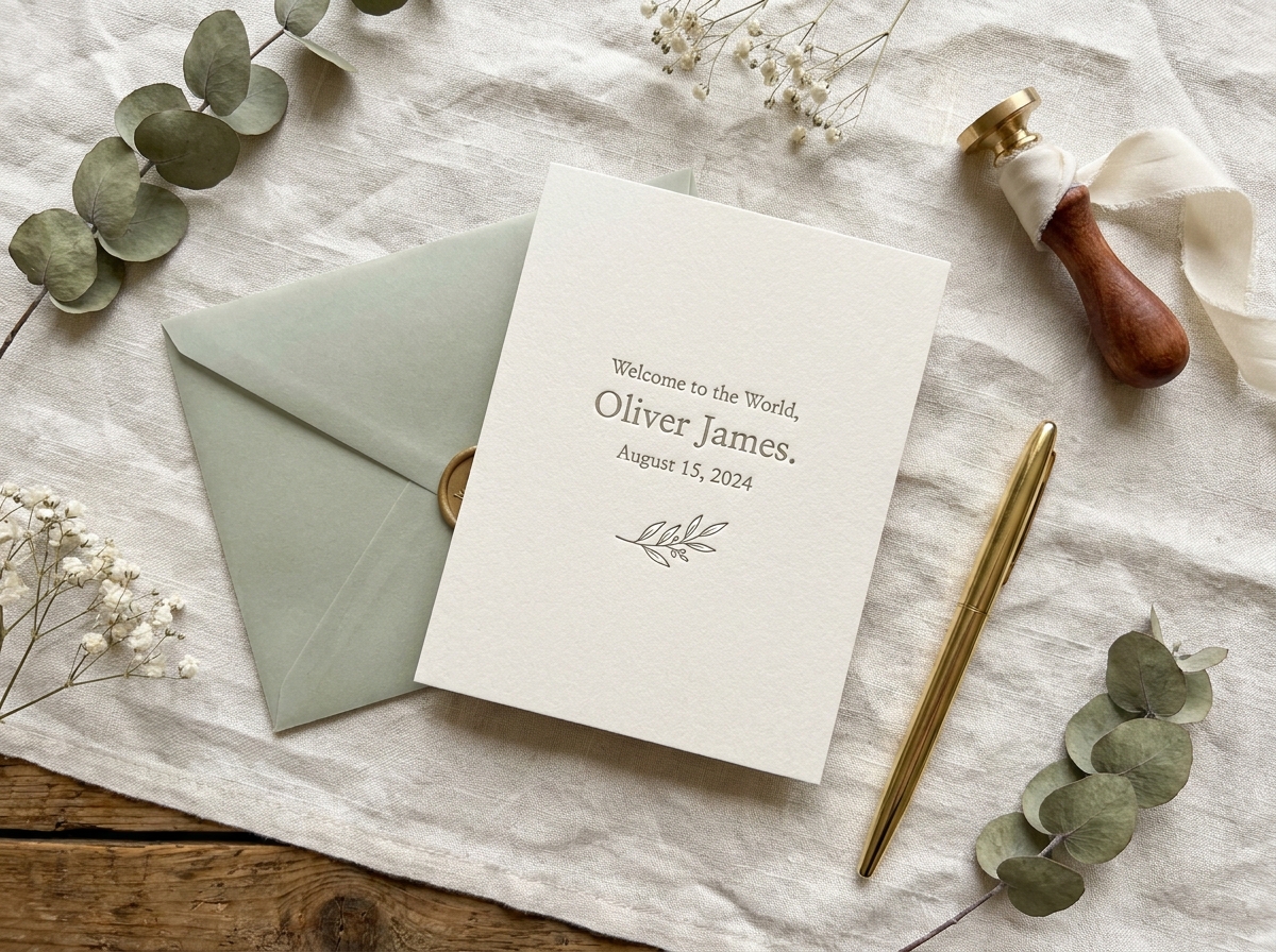 Flat lay élégant d'un faire-part de naissance Maison June sur lin blanc avec enveloppe verte, cire et botaniques séchés