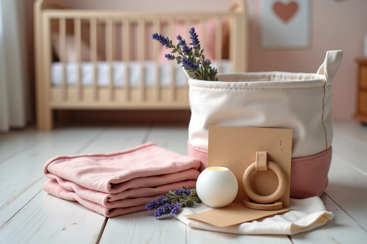 Composition flatlay de cadeaux de naissance coordonnés en rose poudré et bois naturel, harmonisés avec la décoration d'une chambre bébé