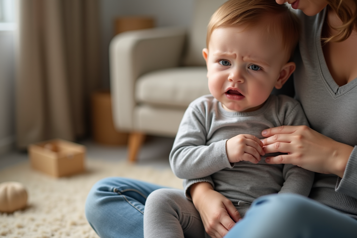 Bébé de six mois se frottant les gencives dans un salon chaleureux